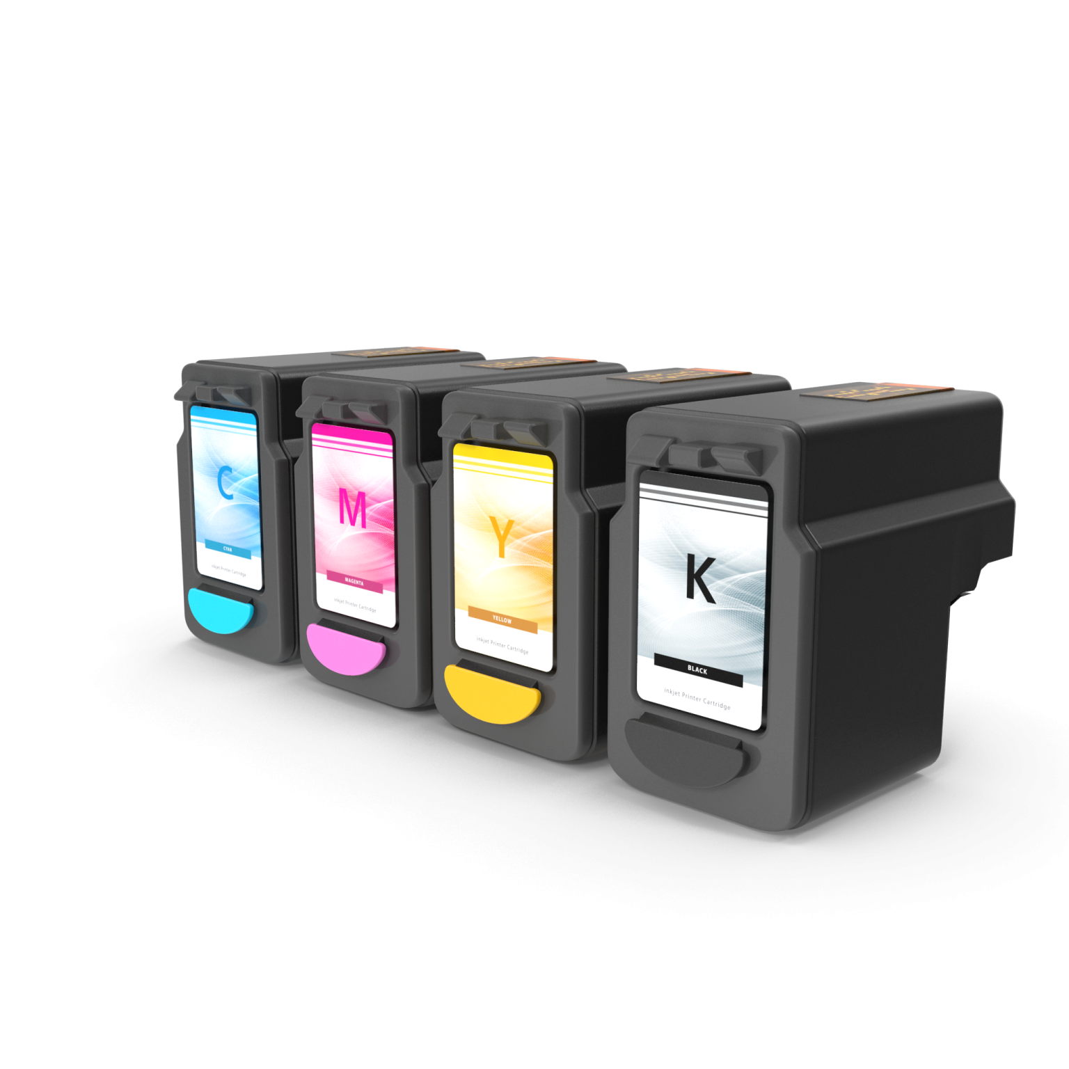 Illustratie van vier inktcartridges in cyaan, magenta, geel en zwart