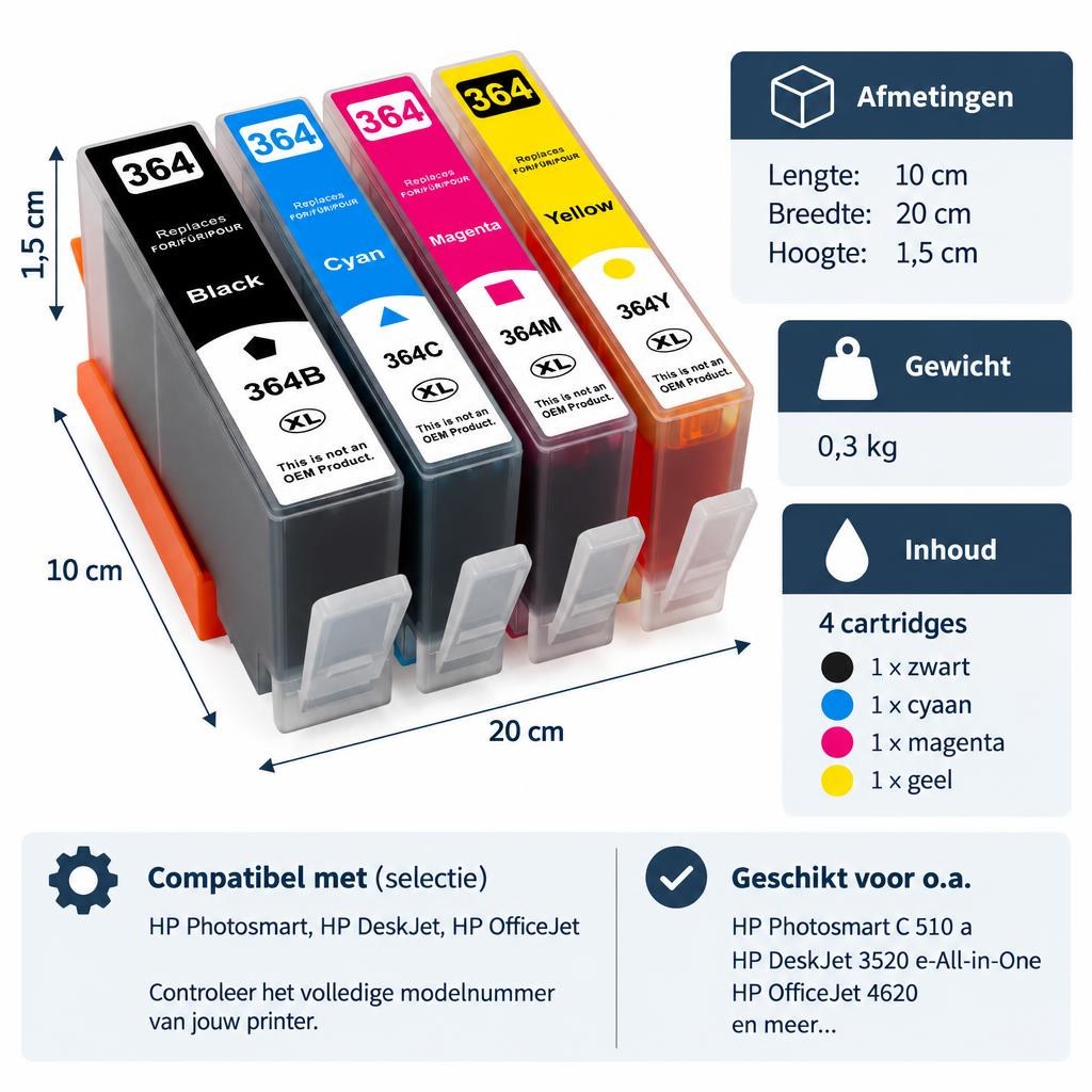 Huismerk geschikt voor HP 364 XL – 4 cartridges met chip — Sizing guide