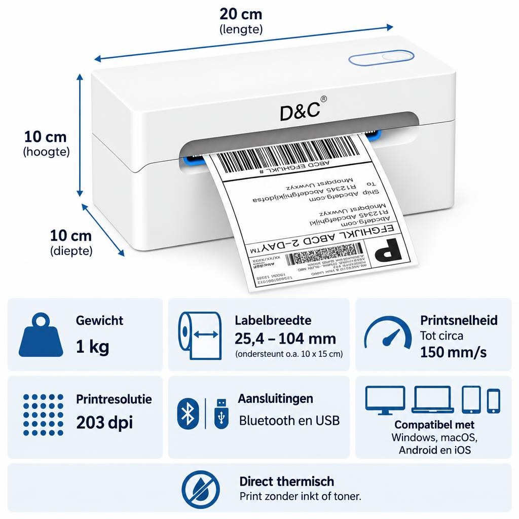 D&C labelprinter PL 80E wit – Bluetooth en USB — Sizing guide