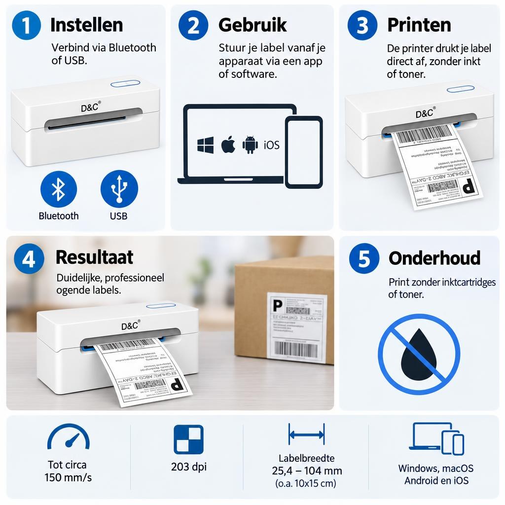 D&C labelprinter PL 80E wit – Bluetooth en USB — Usage steps