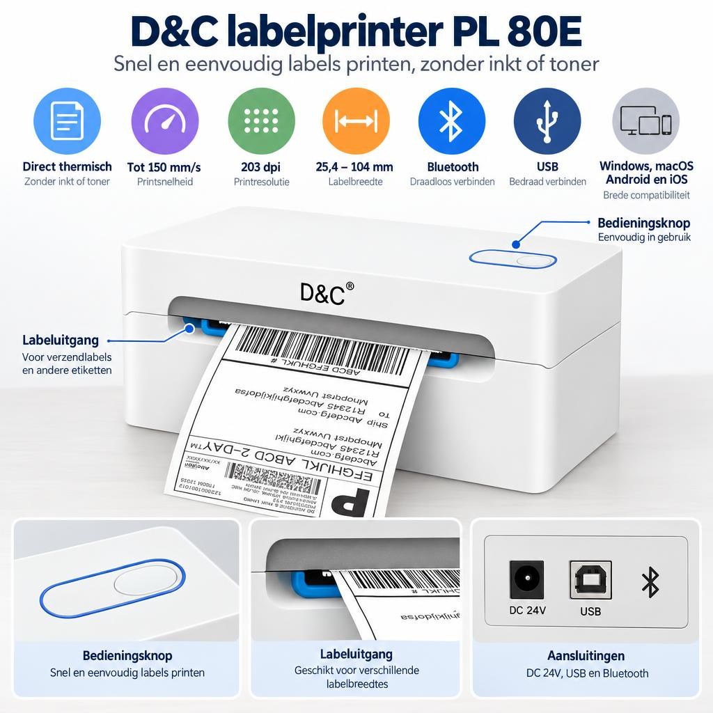 D&C labelprinter PL 80E wit – Bluetooth en USB — Detail callouts