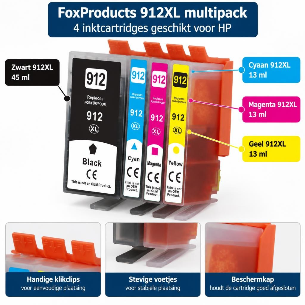 FoxProducts 912XL multipack – 4 inktcartridges geschikt voor HP — Detail callouts