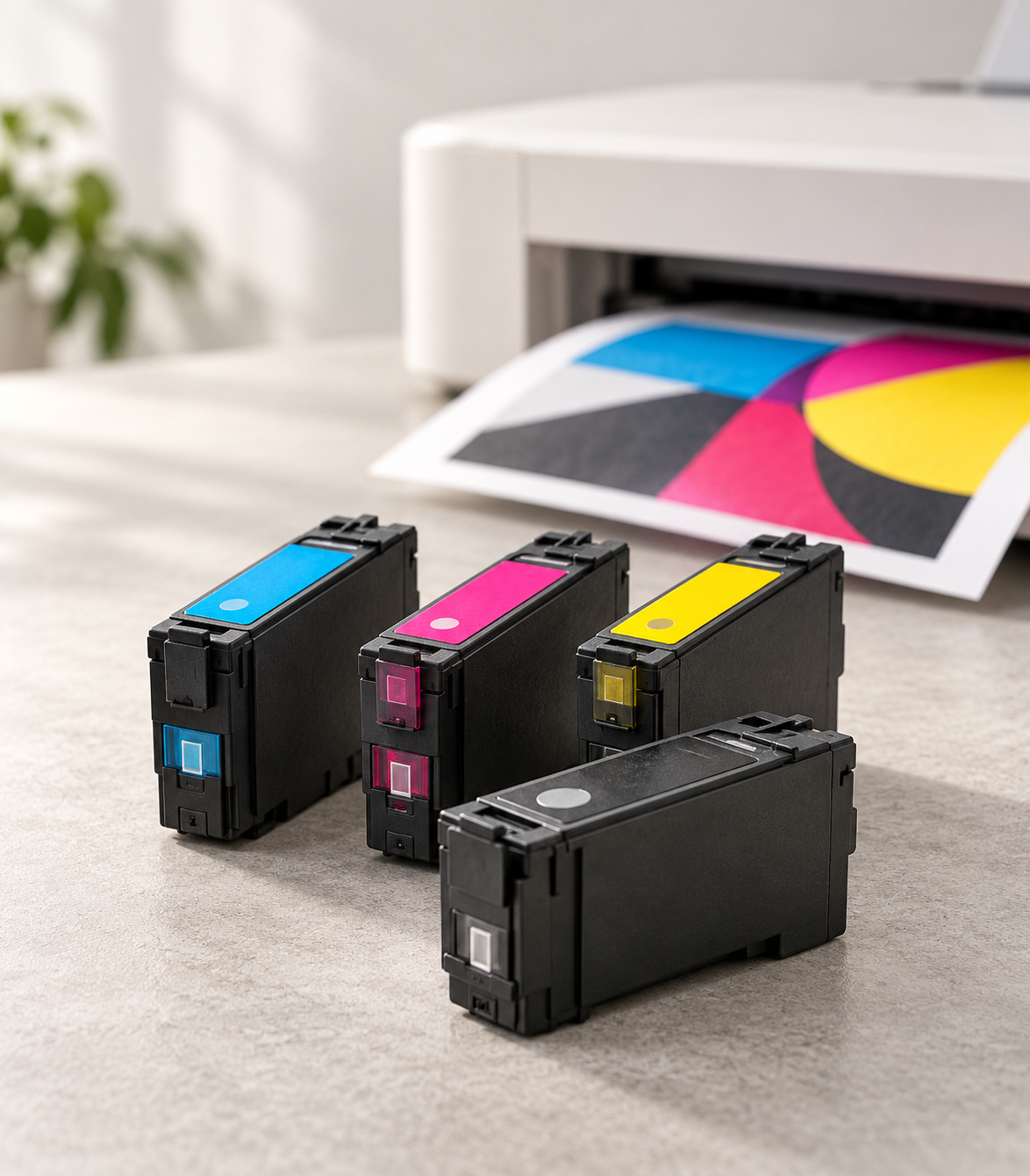Vier inktcartridges in CMYK-kleuren op een lichte werkplek met een printer en een kleurrijke afdruk.